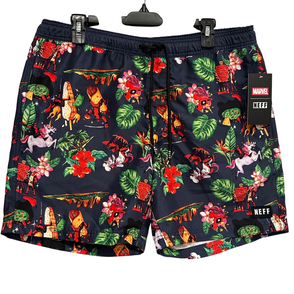 Marvel NEFF Deadpool Swim Trunks Mens‎ Large Board Shorts Floral Superhero Print